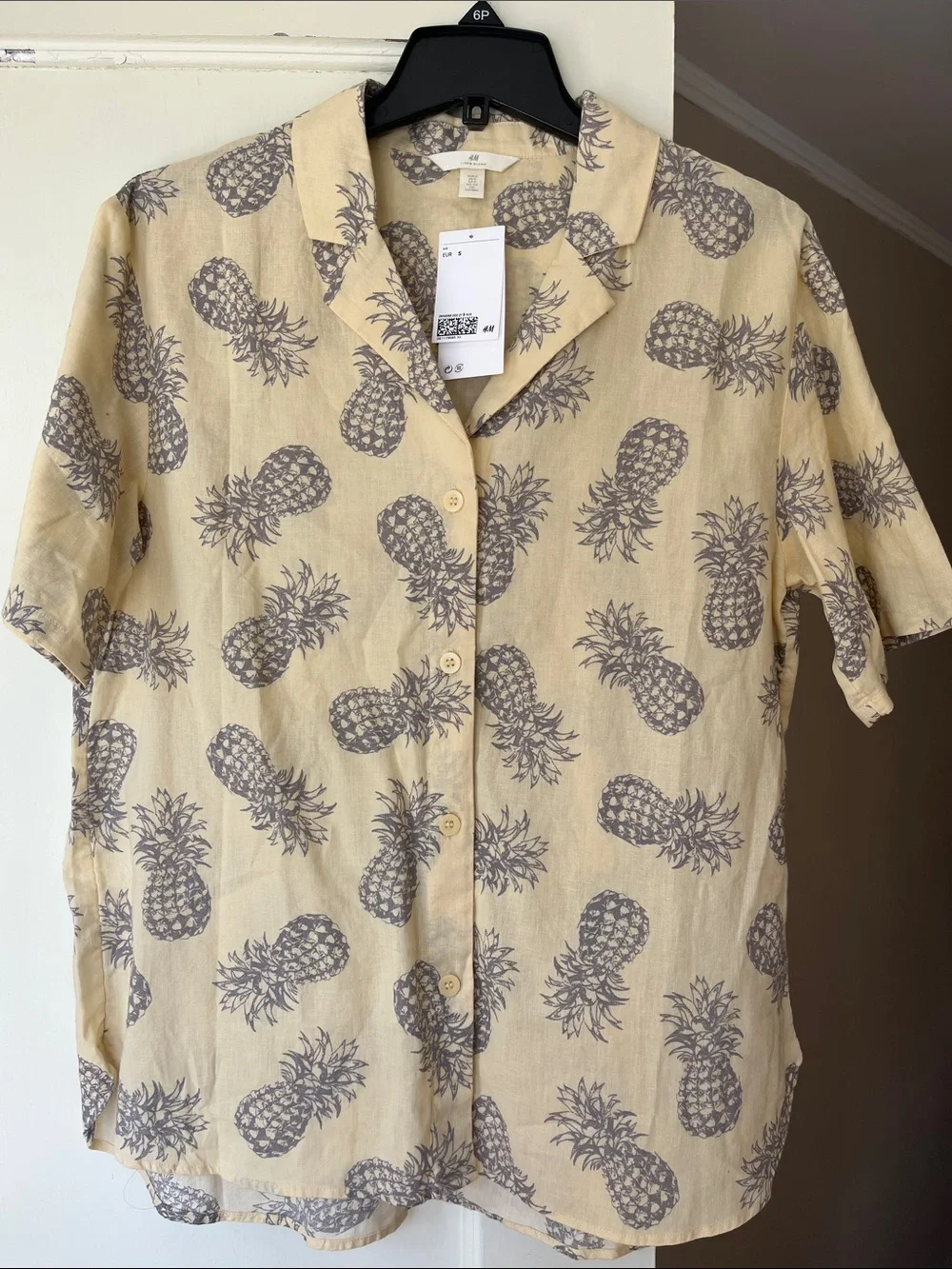 H&M Linen Pineapple Print Short Sleeve Shirt Women Unisex NWT New with Tags - Picture 1 of 5